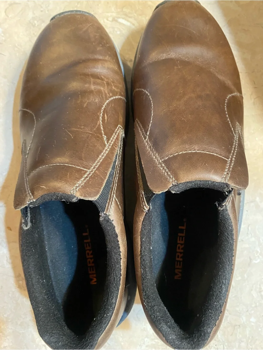 Merrell Brown Leather Slip-On Loafers with Elastic Side Panels